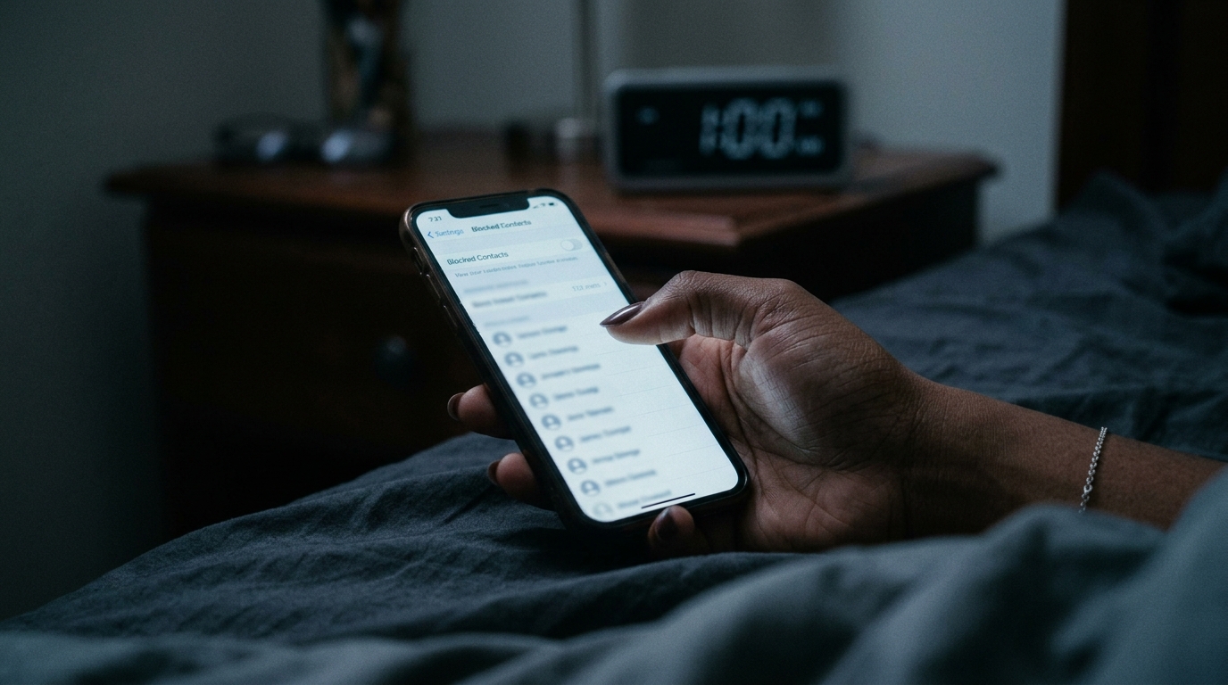 Woman's hand hovering over unblock button at 1am